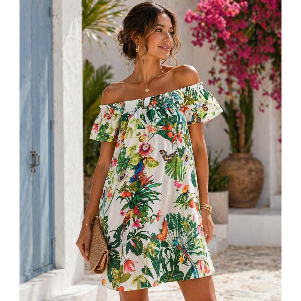 J.Crew Tropical Bird Print Off Shoulder Dress Sundress Sz 4 Resort Vacation
